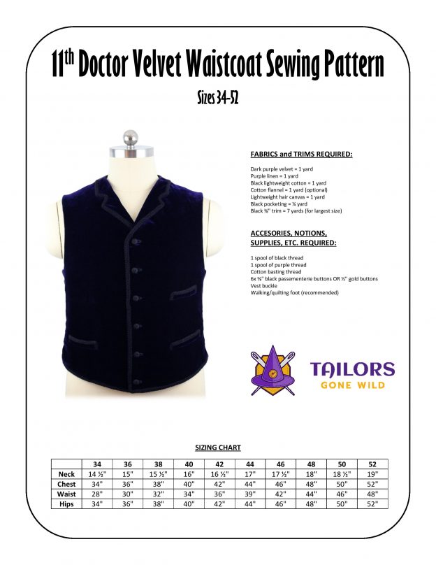 11th Doctor Velvet Waistcoat Sewing Pattern - Tailors Gone Wild